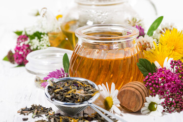 fresh flower honey, tea and ingredients, closeup