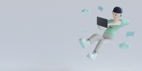 3d rendering concept of man flying with laptop.isolated background
