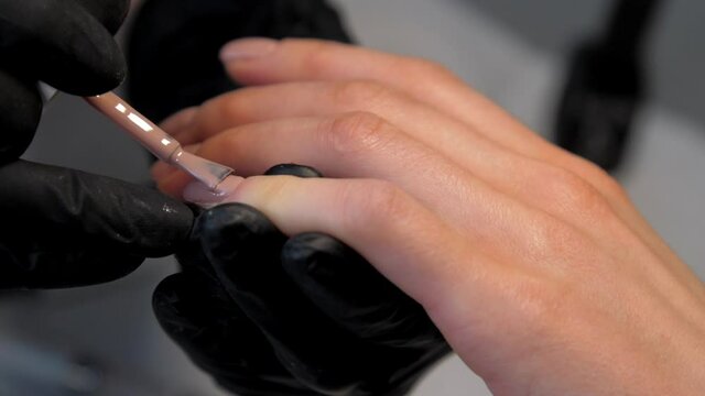 Experienced manicurist applies layer of gel on fingernail