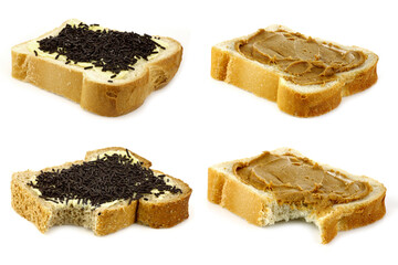 sliced wholemeal bread with butter and chocolates sprinkles   and sliced white bread with peanut butter on a white background