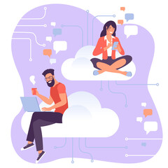 Young man and woman characters working with cloud interface.