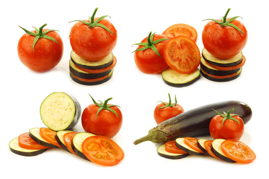 sliced and mixed  tomato and Suriname aubergine (eggplant) on a white background