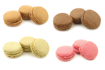 colorful freshly baked macarons on a white background