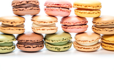 several multi-colored macaroon cakes on a white background