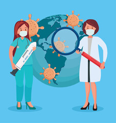 female doctors with covid19 vaccination search in earth planet