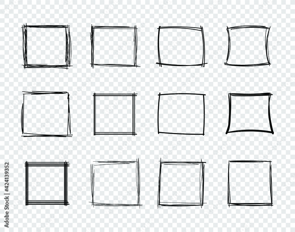 Wall mural vector hand drawn scribble square frames on transparent background, design elements set, sketched sq