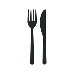 Fork and knife icon logo. Simple flat shape restaurant or cafe place sign. Kitchen and diner menu symbol. Vector illustration image. Black silhouette isolated on white background.