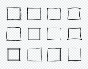 Vector Hand Drawn Scribble Square Frames on Transparent Background, Design Elements Set, Sketched Square Frames.