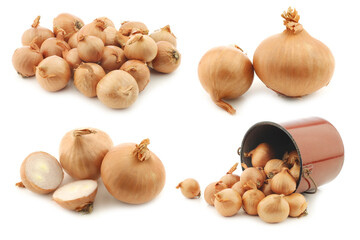 shallots and some in a brown enamel cooking pot on a white background