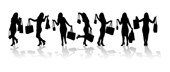 Set of silhouettes of shopping wom n with bags. Black color. Variuos poses. Vector illustration. Template for banner,