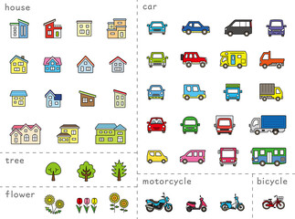 Fototapeta premium 家と車と二輪車と植物のアイコンセット(未拡張の線画にカラー)分類バージョン