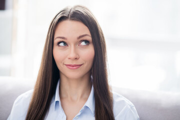 Photo of nice optimistic brunette lady look wear blue shirt alone at home