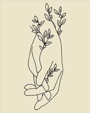 Stylized Graceful Hands And Leaves Of Plants. Boho Modern Aesthetic Background With Feminine Hand Gestures. Modern Minimalist Art Print, Body Care Symbol, Eco-friendly Cosmetics, Love Relationship.