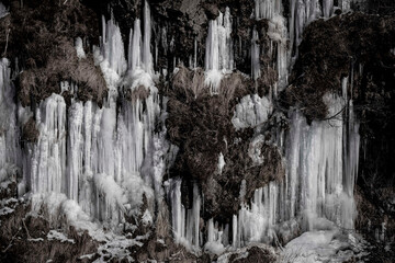 Langsames Frühlingserwachen - Letzte Eiszapfen am Wasserfall Hraunfossar (Fluss Hvita) nahe Reykolt. / Slow spring awakening - Last icicles at the waterfall Hraunfossar (river Hvita) near Reykolt.