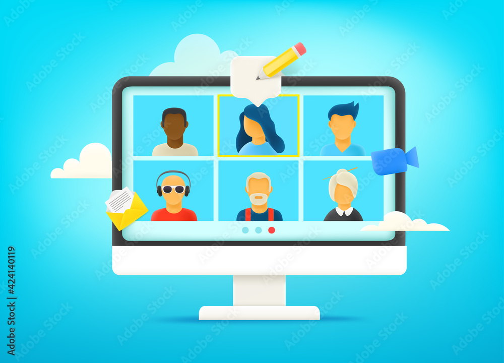Poster Video conversation via computer network. Dialog with business team. Remote work