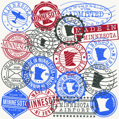 Minnesota, USA Set of Stamps. Travel Passport Stamps. Made In Product. Design Seals in Old Style Insignia. Icon Clip Art Vector Collection.