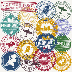 Eindhoven Netherlands Set of Stamps. Travel Stamp. Made In Product. Design Seals Old Style Insignia.