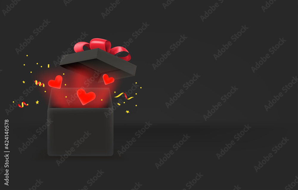 Poster opened gift box with red hearts. love concept. 3d style vector banner with copy space