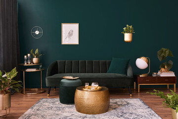 Luxury living room in house with modern interior design, green velvet sofa, coffee table, pouf, gold decoration, plant, commode, carpet, mock up poster frame and elegant accessories. Template.