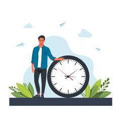 Hurrying man and Wall Clock. Concept of time management, effective planning for productive work, stressful task, deadline, countdown. Modern flat colorful vector illustration for poster, banner.