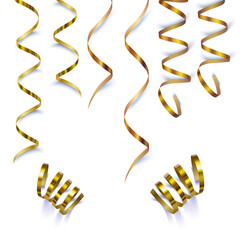 Golden serpentine, set of gold streamers isolated on white, ribbons for decoration, vector illustration