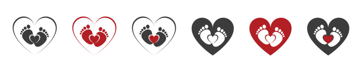 Baby foot barefoot heart icon. Set.