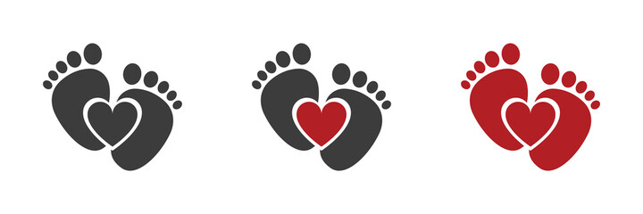 Baby foot barefoot heart icon. Set.