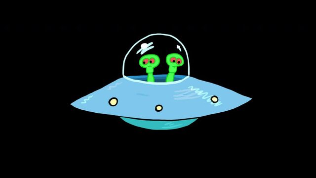 Two aliens in a flying saucer look around. Looped fun 2d animation with a transparent background (alpha channel) in a cartoon style.