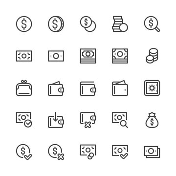 Simple Interface Icons Related to Money. Coin, Wallet, Bundle of Money, Money Bag. Editable Stroke. 32x32 Pixel Perfect.