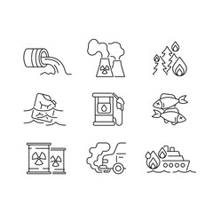 Water and Air pollution linear icons set. Environmental diseases factor, industrial contamination idea thin line illustration. Vector isolated outline drawing. Editable stroke