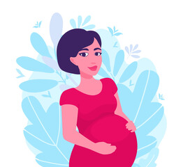 A pregnant woman holding her belly by her hands. A mother awaiting a baby. Floral background. A vector cartoon illustration. 