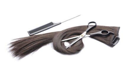 Hair strand with hairdresser's tools on white background