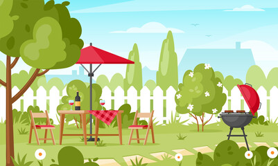 BBQ party in backyard. Vector illustration of picnic outdoors with barbecue grill, food, wine, table, chairs and umbrella. Garden with fence, bushes, tree and trail. Family summer barbecue. Patio area
