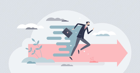 Acceleration as businessman fast progress forward speed tiny person concept