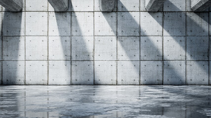 Concrete wall with reflections in the wet ground - background