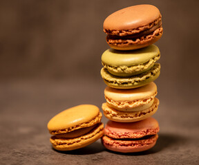 multicolored macaroon cakes on dark gray background