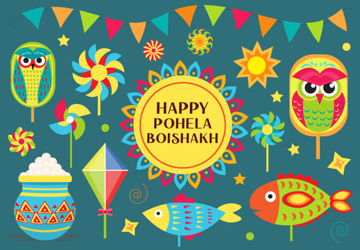 Happy Pohela Boishakh icon set with paper windmill, owl, rasagola. Bengali New Year collection of design elements, clip-art. Vector Illustration