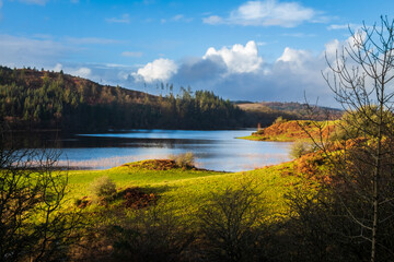 Fototapeta na wymiar A view over Woodhall loch, on a sunny winters day, near Mossdale , Scotland