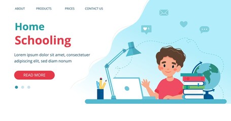 Homeschooling banner with boy studying with computer at home. Vector illustration in flat style