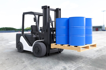 The forklift truck is lifting oil barrels