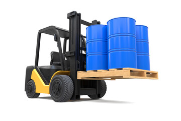 The forklift truck is lifting oil barrels on white background