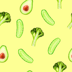 flat slice cucumber broccoli avocado pattern vector illustration