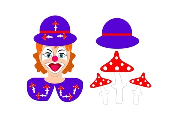 Bright illustration of a clown in a hat with amanita on a white background for creativity and print