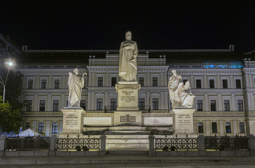 UKRAINE, KIEV. Monument to Princess Olga, Apostle Andrew, Cyril and Methodius in Kiev at night.
