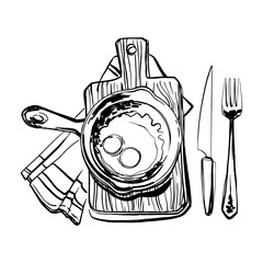 Fried eggs in a pan, breakfast, knife and fork. Vector sketch of food on a white background.