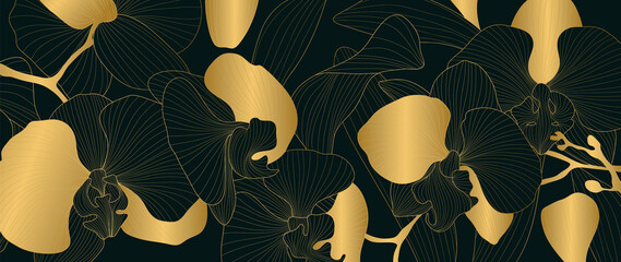 Luxury Gold orchid background vector. Golden orchid line arts design for wallpaper, wall arts, fabric, prints and background texture, Vector illustration. © TWINS DESIGN STUDIO