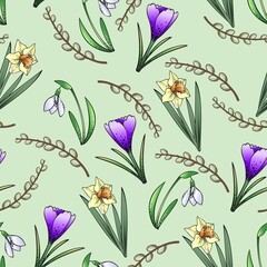 Seamless pattern, spring flowers and twigs on a light green background