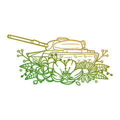 Tank Rose Flower with Vintage Transport Design. Armoured Fighting Vehicle Floral frame ornament vector style. Decoration Design Wreat illustration.