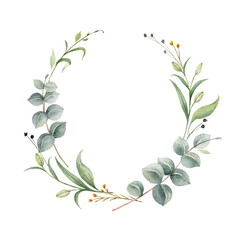 Watercolor vector wreath of green branches and leaves.