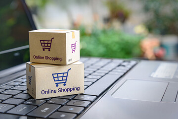 Online shopping / ecommerce and delivery service concept : Paper cartons with a shopping cart or...